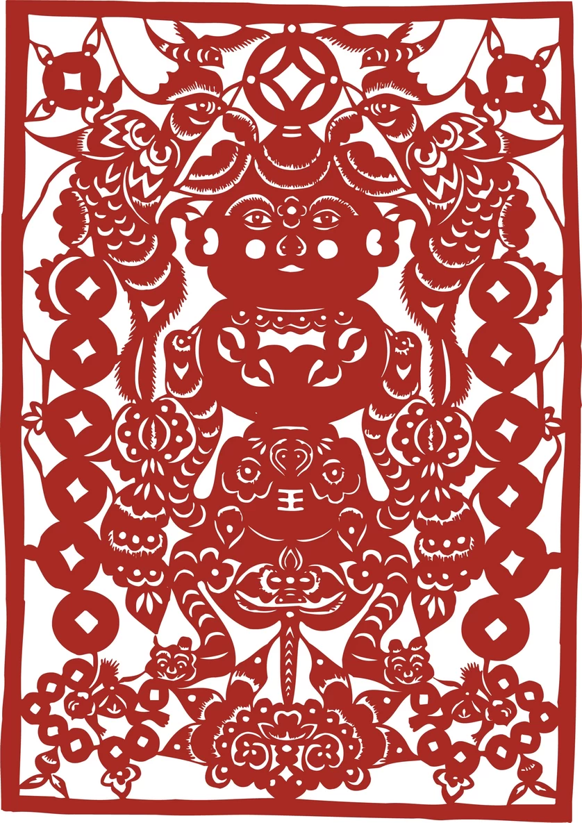 中国风中式传统喜庆民俗人物动物窗花剪纸插画边框AI矢量PNG素材【1894】